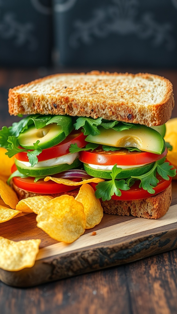 A colorful Fake Snap Sandwich with mixed greens, cucumber, tomato, and avocado on artisanal bread, served with chips.
